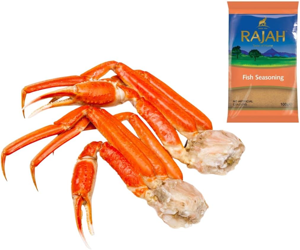 Frozen Snow Crab Legs 1kg with Rajah Fish Seasoning 100Gr – Delicate Snow Crab Legs, flavored with Rajah seasoning for a luxurious seafood experience