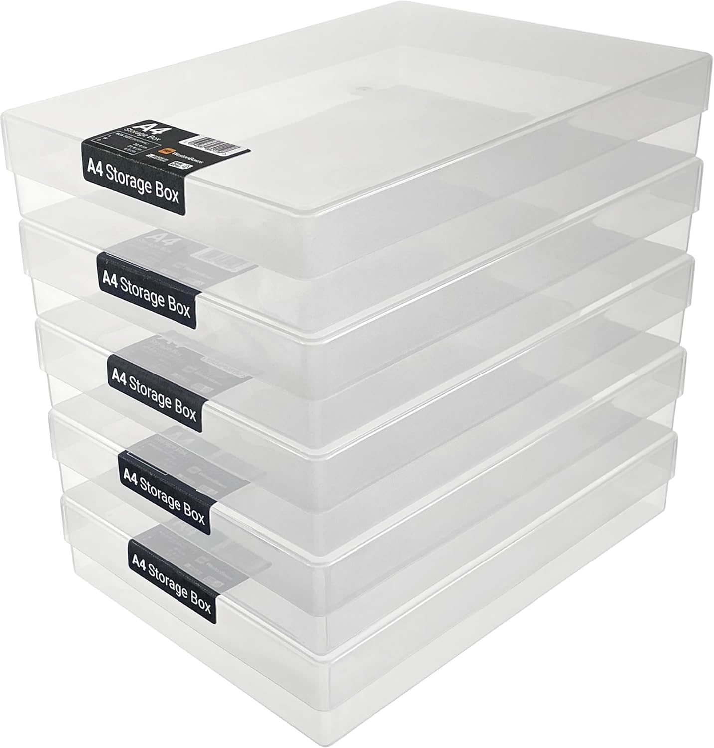 WestonBoxes A4 Plastic Craft Storage Boxes with Lids for Art Supplies, Paper and Card - 3.6 Litre Volume (Clear, Pack of 5)