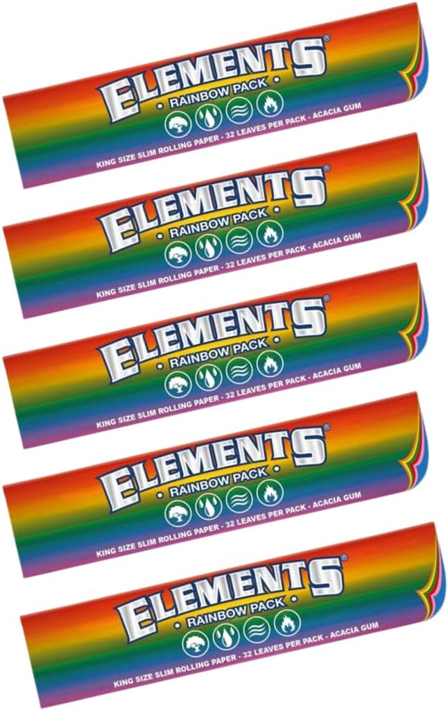 Elements Rainbow | 5 x King Size Coloured Papers Rolling Papers | Include Five Colours: Pink - Yellow - Orange - Green - Blue - 1 Pack = 32 Papers