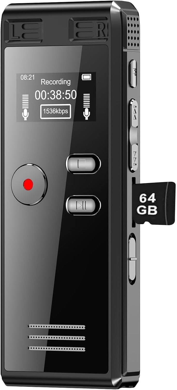 64GB Digital Voice Activated Recorder with Playback - 4552 Hours Audio Recording Device, 3072Kpbs HD Dual MIC Tape Recorder Device for Lecture A-B Repeat, MP3 Player,【64GB TF Card Included】