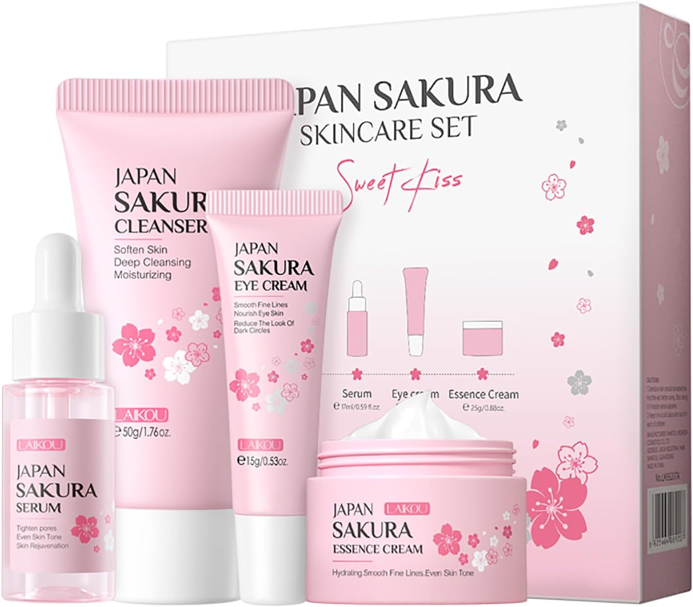 LAIKOU SkinCare Gift Set, JAPAN SAKURA Skin Care Sets & Kits with Cleanser, Face Serum, Eye Cream, Face Cream Facial Gift Kit for Women Teenage Girls Mom Daughter Birthday TSA-friendly Sizes 4pcs