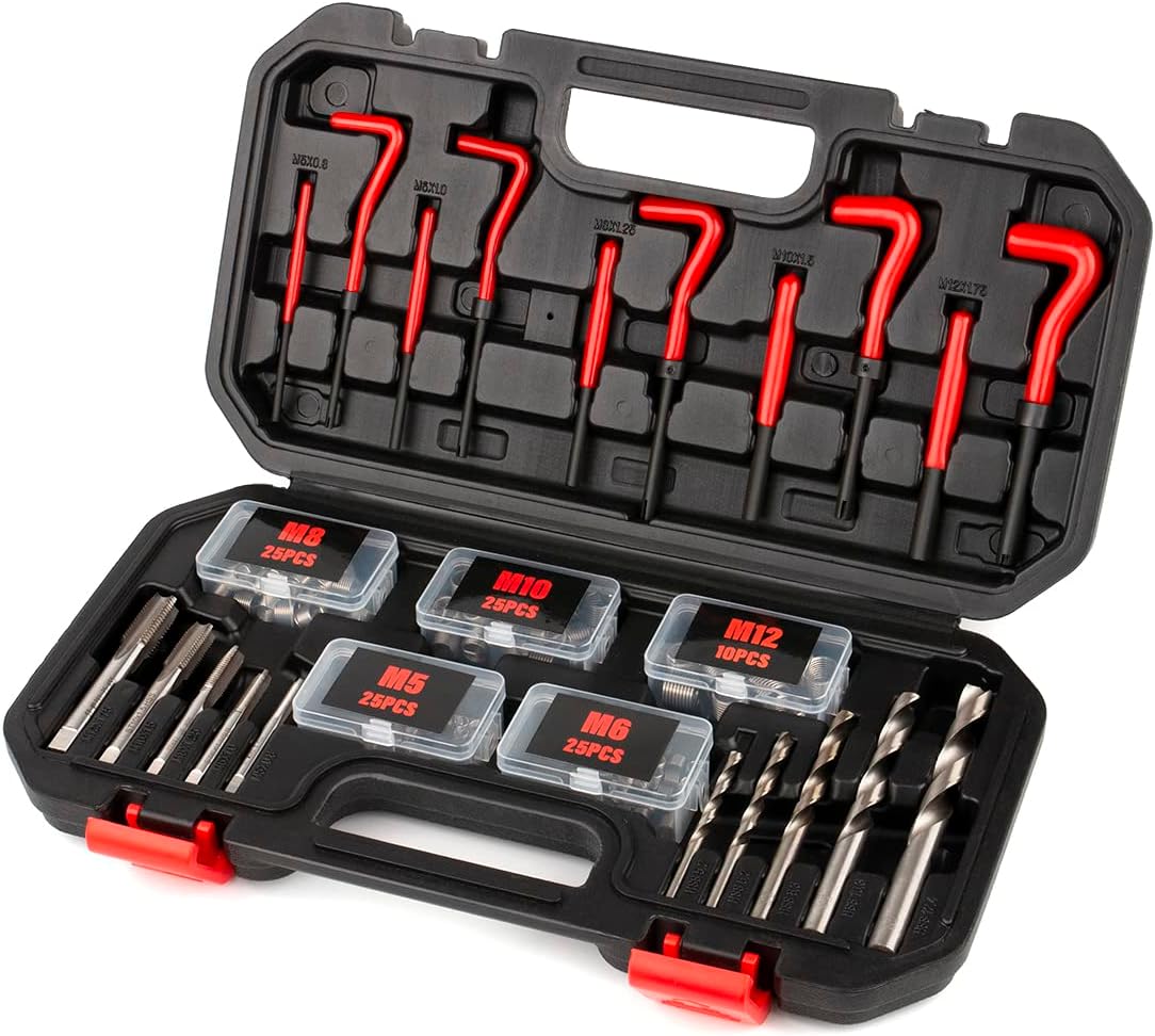 131PCS Thread Repair Kit, HSS Drill Helicoil Repair Kit SAE&Metric M5 M6 M8 M10 M12 Kit