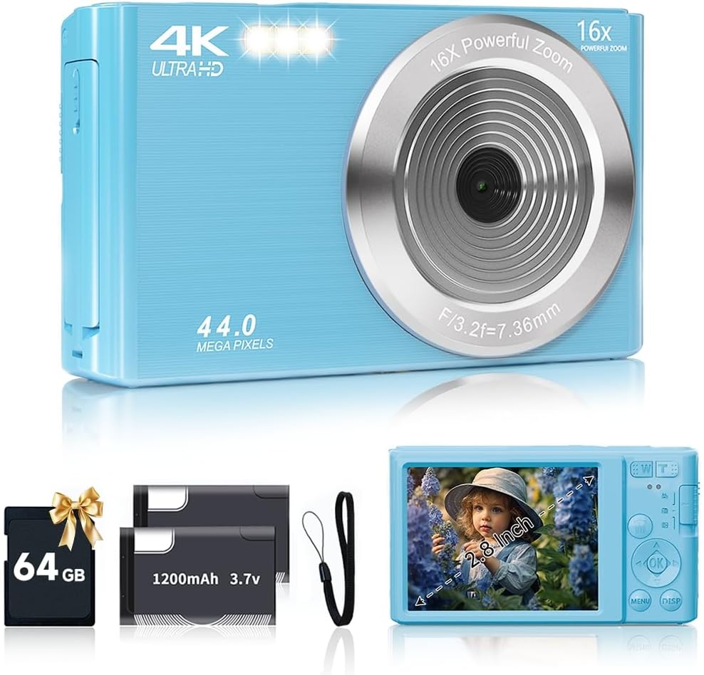 Digital Camera for Teens, FHD 4K 44MP with 64GB SD Card, 16X Digital Zoom, Compact Point Shoot Camera Blue