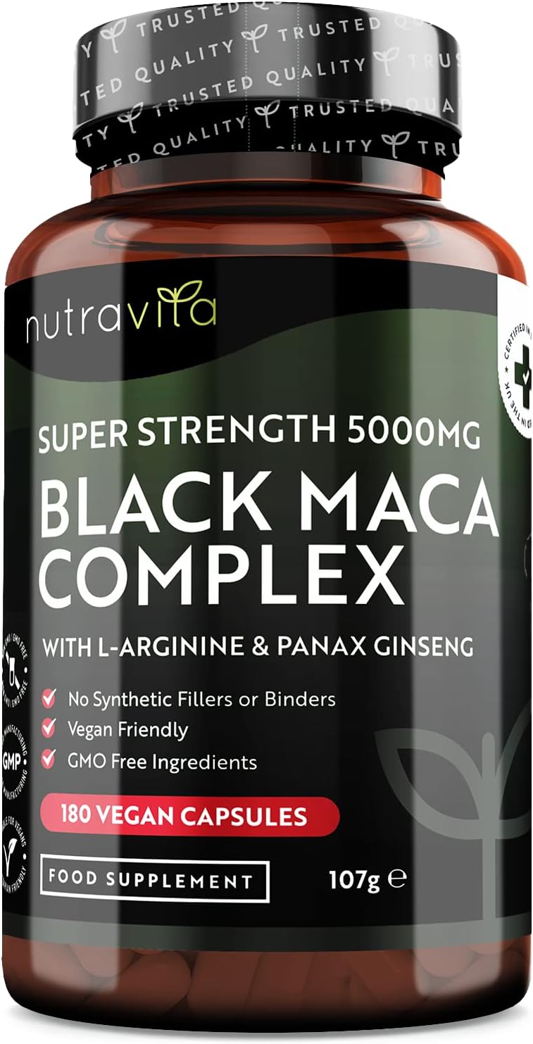 Nutravita Maca Root Capsules 5000mg (High Strength) – 180 Vegan Black Maca Capsules (6 Month Supply) – Not Tablets – 100% Peruvian Maca – with L-Arginine, Panax Ginseng & Black Pepper – Made in UK