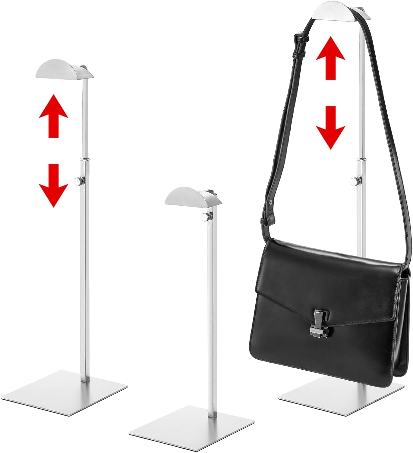 Hacaroa 3 Pack Purse Display Stand Stainless Steel, Adjustable Height Metal Handbag Holder Single Bag Jewelry Display Rack for Home, Boutique Store, Silver