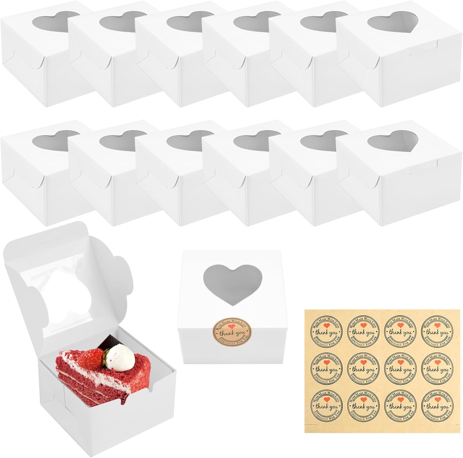 JOYSKY 24 Pcs White Cupcake Boxes Paper Cake Box Bakery Pastry Boxes with Windows and 24 Stickers Kraft Candy Boxes for Cupcakes Desserts Pastries Cookies Small Cakes Candy Pies & Gifts