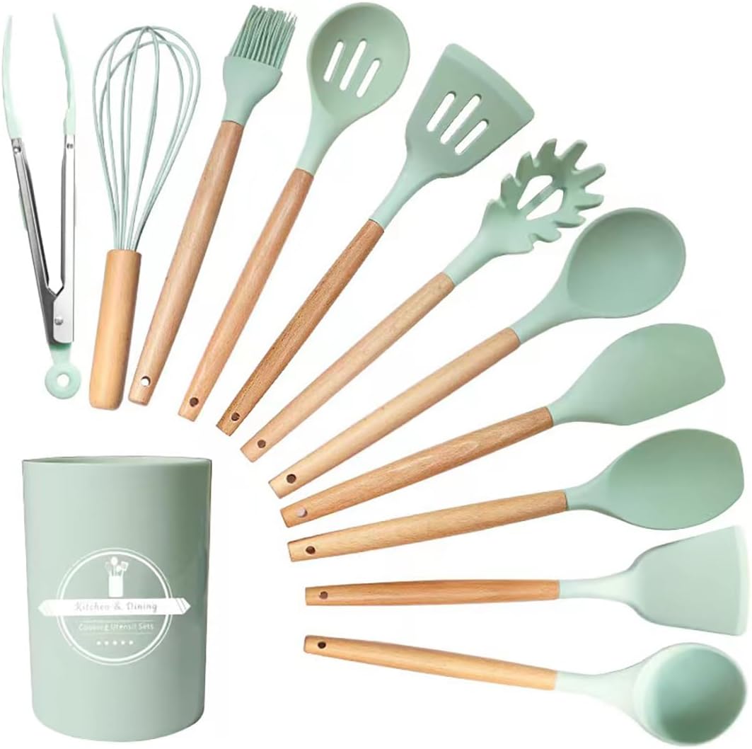 GJIE Kitchen Utensil Set, 12 PCS Silicone Cooking Utensils Set with Wooden Handle, Heat Resistant, Nonstick Cookware Tongs Spatula Spoon Set, Dishwasher Safe, Best Kitchen Tools (Green)