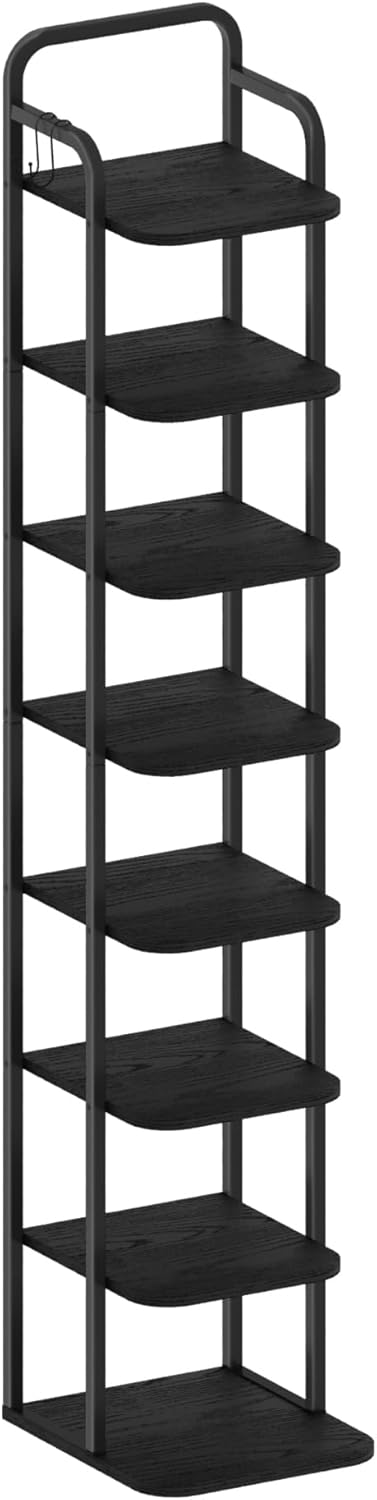 Hzuaneri Vertical Shoe Rack, Shoe Shelves, Wood Shoes Organizer for Closet, Entryway, Shoes Tower for Small Spaces, Freestanding, with 2 Hooks, Black, 30 x 26.5 x 135 cm SR04304B