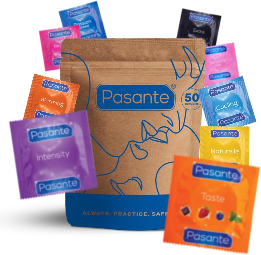 Pasante Condoms Variety Pack - Mix of 50 | The Mixed Pack Contains: Flavoured, Ribbed, Thin, Extra and More Condoms