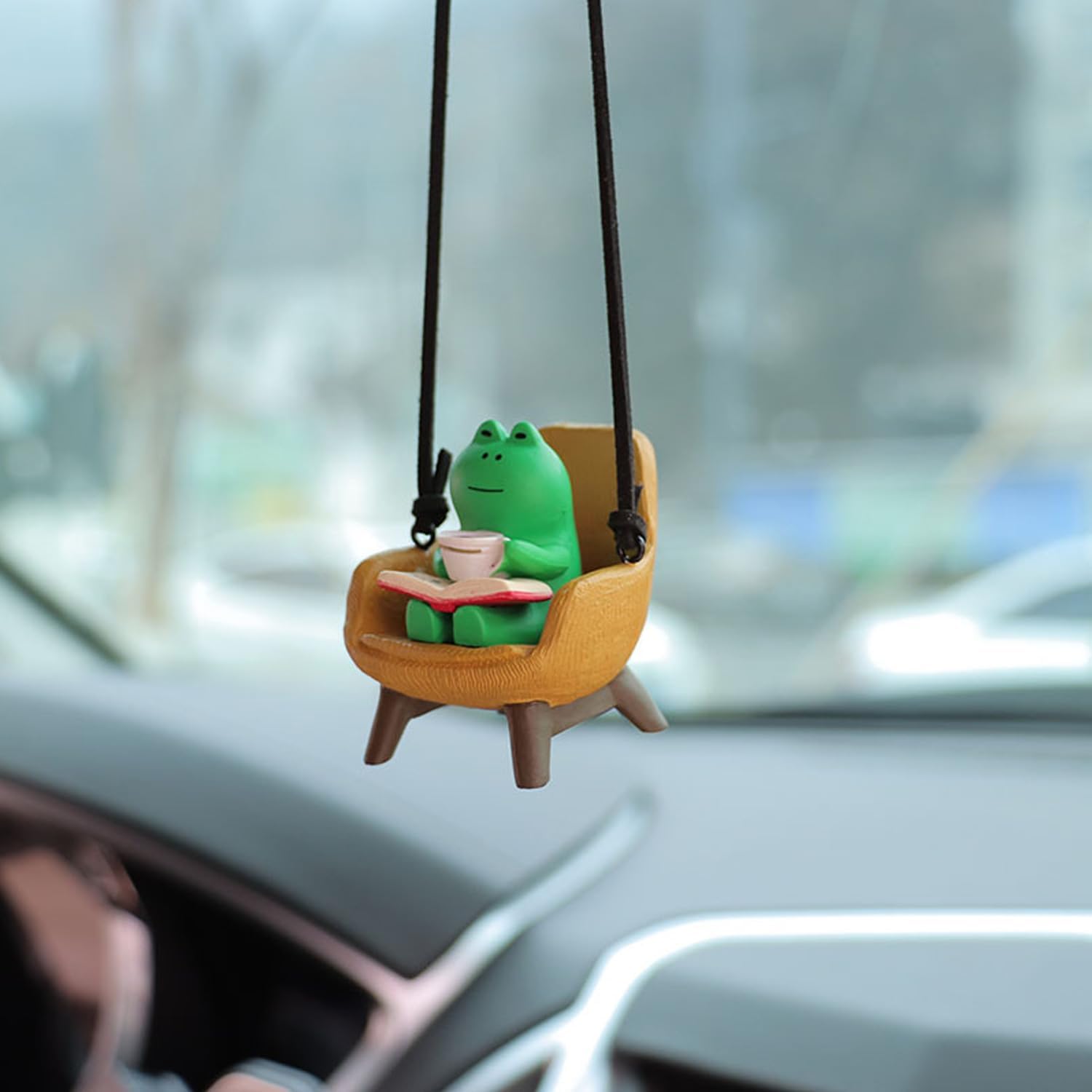 Frog Rear View Mirror Hanging Accessories Cute Frog Sitting Sofa Reading and Drinking Coffee Car Hanging Ornament Pendant Interior Rearview Mirror Decoration