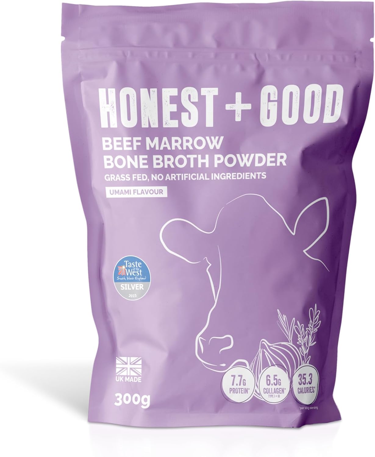 Honest + Good UK's Beef Marrow Bone Broth Powder | 30 Servings 1 Month Supply | Grass Fed | Hair Skin Gut | 6500mg Type I & III Collagen High Protein | UK Made | Small-batches