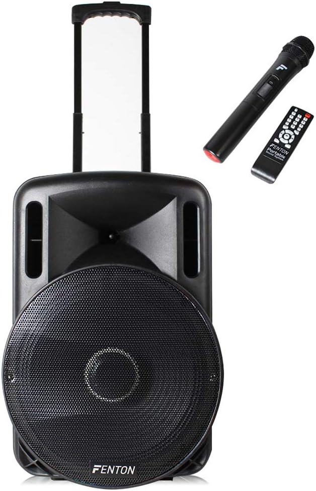 Fenton Portable DJ PA Speaker System 15" 800w Bluetooth Music Lights and Wireless Microphone Battery Powered