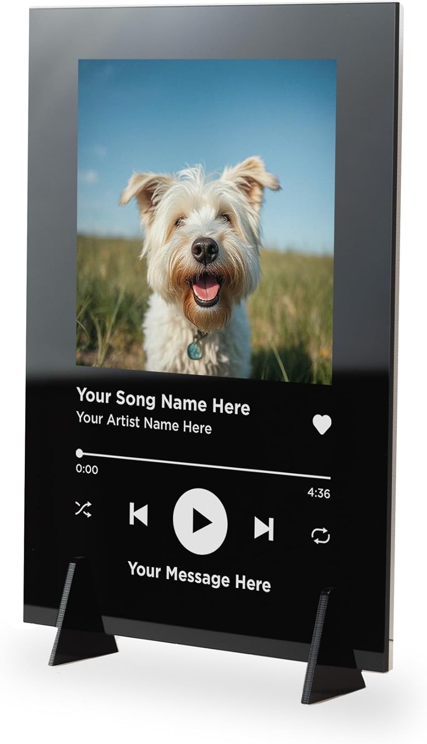 Personalised Black Music Plaque with Photo & Stand - Custom Song, Artist & Message - Black Acrylic Music Gift A6 (104 x 148mm) - Custom Photo Song Display Gift for Him Her Couples