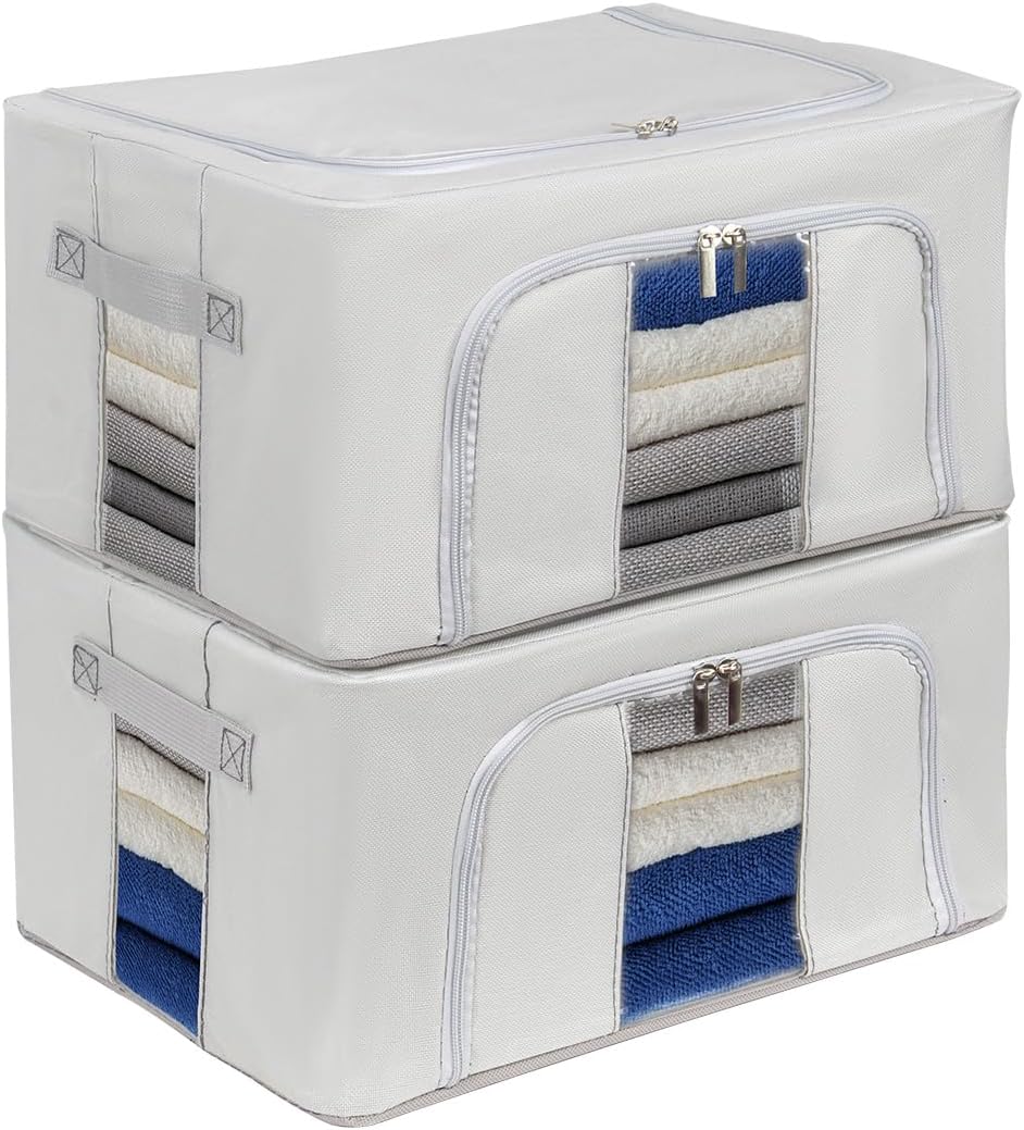 2 Pack Closet Organizers and Storage, Foldable Oxford Steel Frame Storage Box with Clear Window & Carry Handles, Stackable Storage Bins Boxes for Clothes & Beddings & Blankets-Light grey 24L