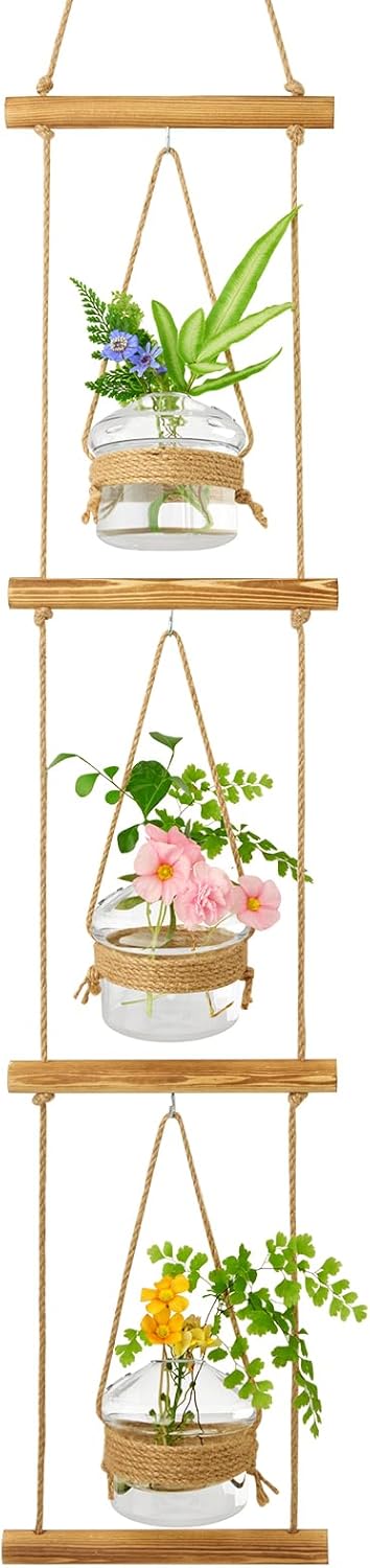 XXXFLOWER 3 Tiered Mushroom Glass Vase Wall Planter Hydroponic Propagation Station with Hanging Herb Cuttings Vase for Hydroponic Plant Decor for Living Room Indoor Outdoor Multi-Space