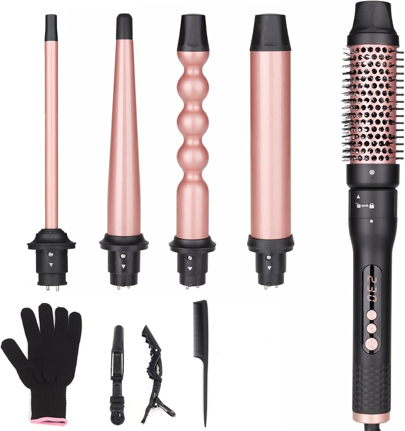 UNOBEY 5 in 1 Curling Wand Set, Curling Brush Curling Iron Set with Curling Brush and 4 Interchangeable Ceramic Curling Wand(0.5”-1.25”), Fast Heating, Include Glove & 2 Clips