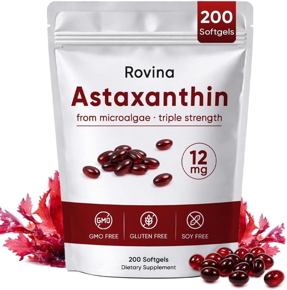 Rovina Astaxanthin 12mg Softgels - Premium Astaxanthin from Microalgae, Triple Strength, Immune Support - Non-GMO & Gluten Free 200 Softgels (1)