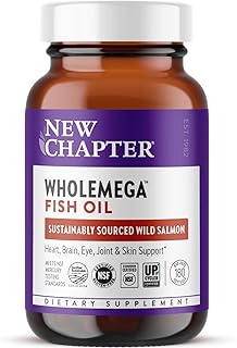New Chapter Wholemega Fish Oil Supplement - Wild Alaskan Salmon Oil with Omega-3 + Vitamin D3 + Astaxanthin + Sustainably Caught - 180 ct, 1000mg Softgels
