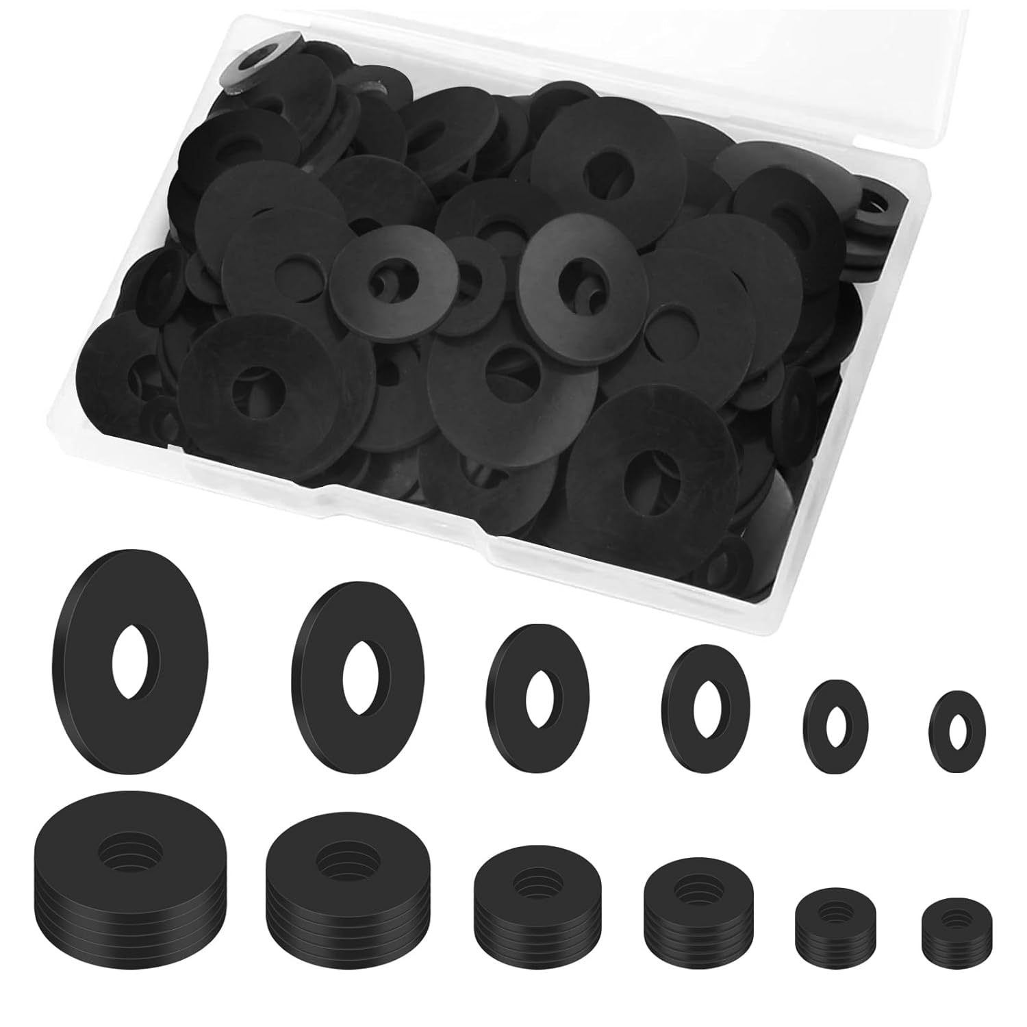 150 PCS Rubber Washers, 6 Sizes Nylon Washers, Round Gasket Gasket Assortment, Black Flat Plastic Spacers Washers for Sealing Repair and Most Standard Hose/Faucet/Shower Head Connection M5 M6 M8 M10