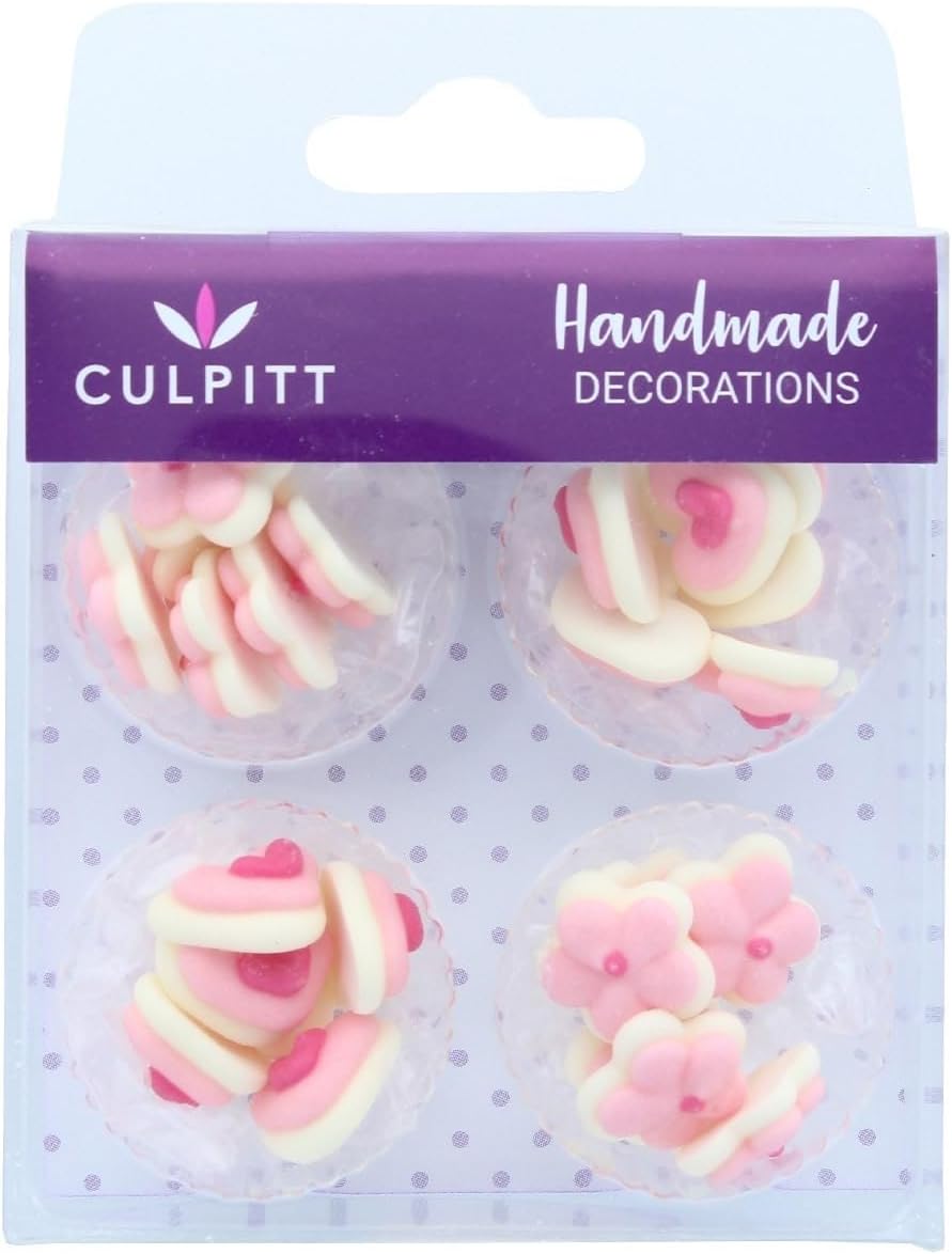 Culpitt Pink Mini Hearts and Flowers Sugar Pipings, Royal Icing, Decorations for Cupcakes, Cakes, Cookies, 24 Piece - Single Pack 06307