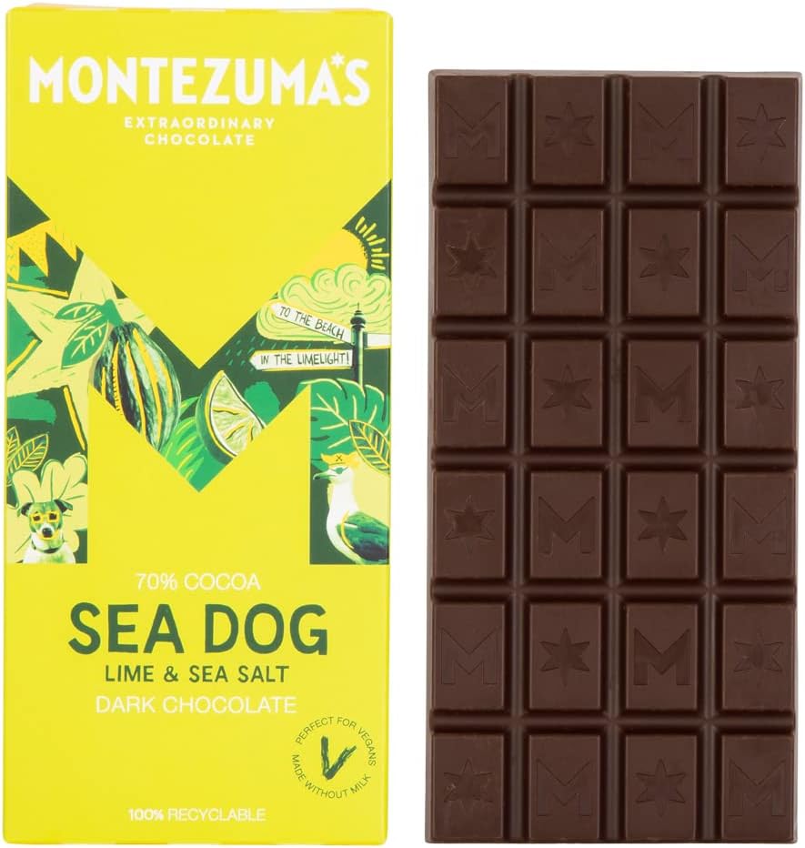 Montezuma's Sea Dog, 70% Cocoa, Dark Chocolate With Sea Salt & Lime, Gluten Free & Naturally Vegan, 90g Bar