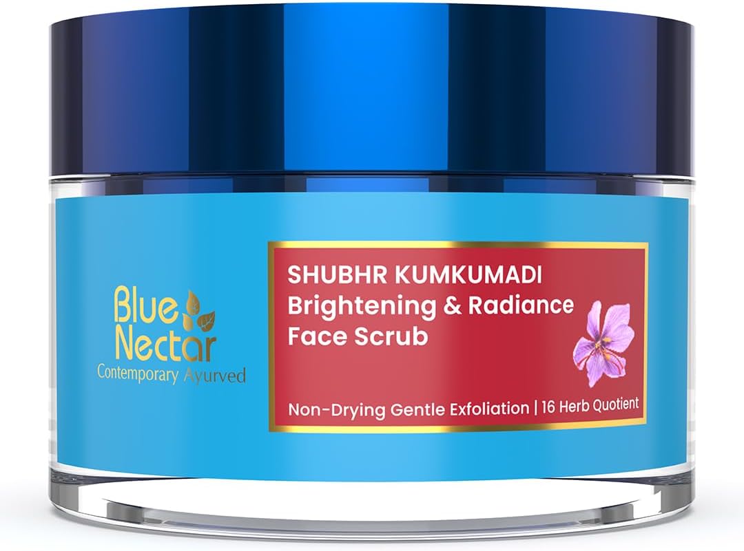 Blue Nectar Saffron Face Scrub for Glowing Skin, Ayurvedic Tan Remover & Blackhead Remover Face Exfoliator with Kumkumadi Oil (16 Herbs, 50g)