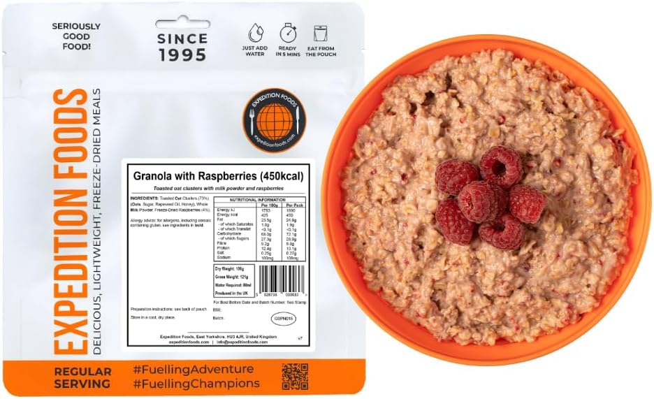 EXPEDITION FOODS Granola with Raspberries (Single Serving / 450KCAL) | Freeze-Dried Camping & Hiking Food