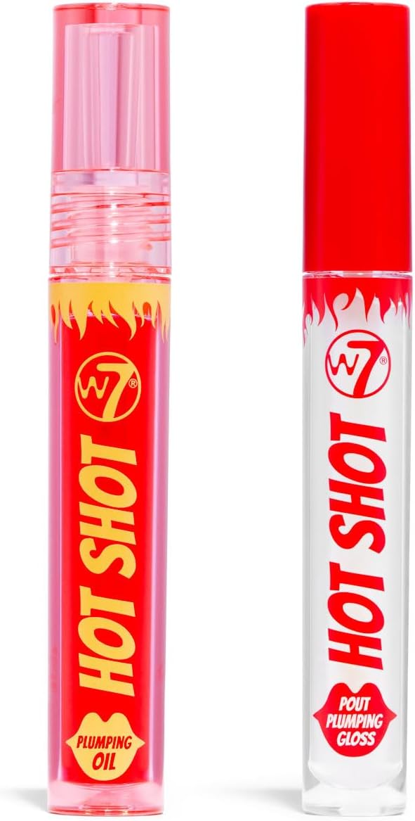 W7 Hot Shot Lip Plumping Duo - Hot Shot Gloss & Hot Shot Oil - 2Pcs Set - Non-Sticky, High-Shine Plumping Finish