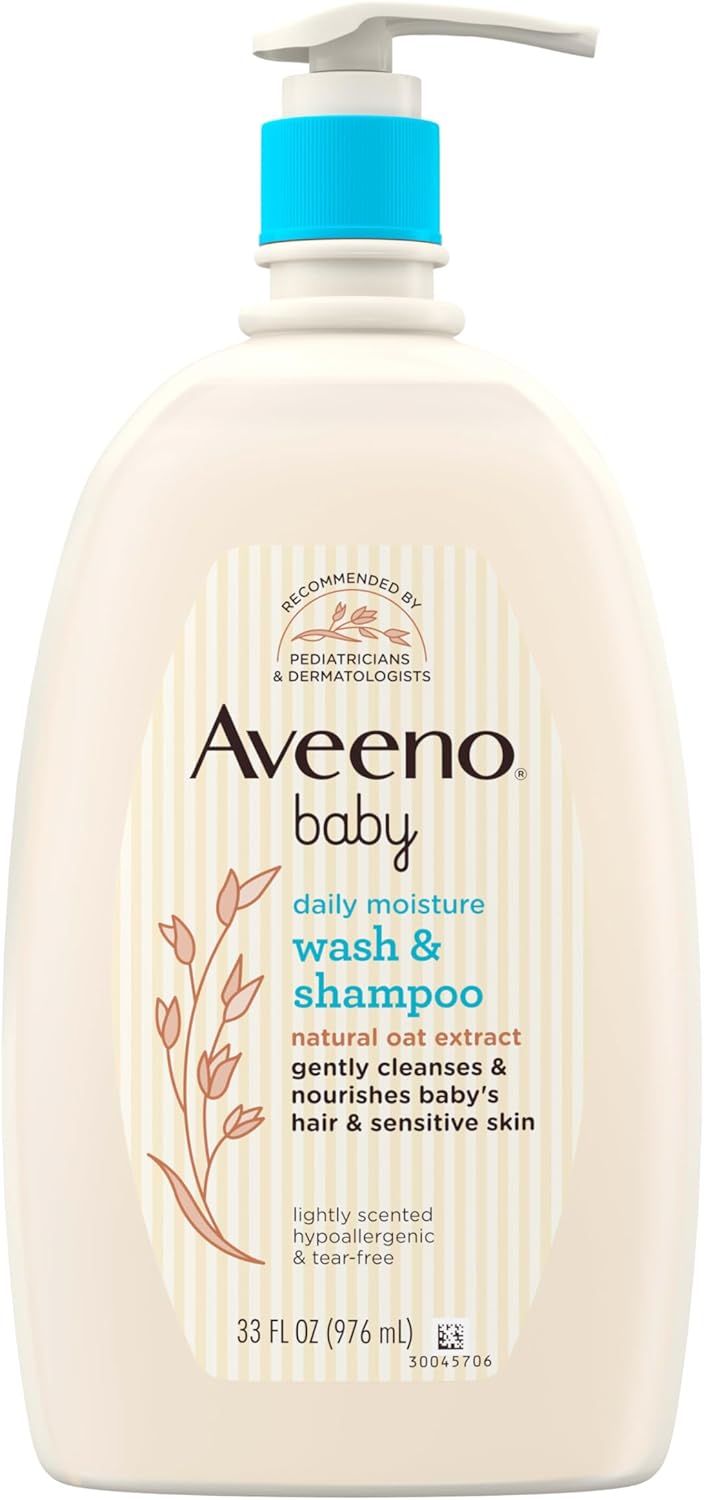 Aveeno Baby Daily Moisture Body Wash & Shampoo with Oat Extract, Hypoallergenic, Tear-Free, No Added Parabens, pH-Balanced Formula for Sensitive Hair & Skin, Baby Essentials, 33 fl oz