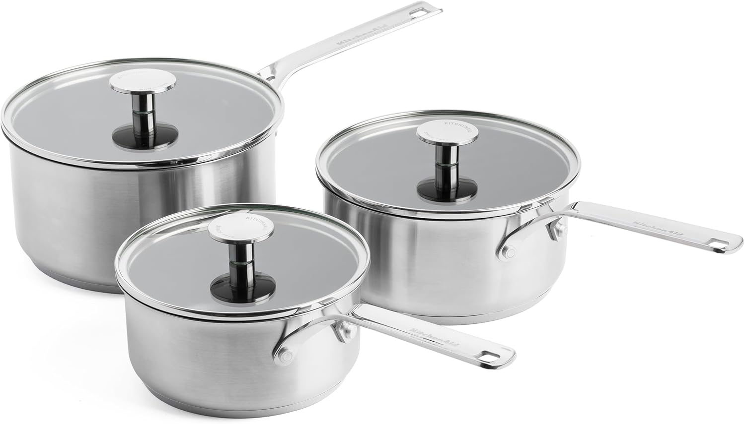 KitchenAid Stainless Steel PFAS-Free Ceramic Non-Stick 16 cm, 18 cm and 20 cm Saucepan Set with Lids, Clad, Induction, Oven Safe, Silver