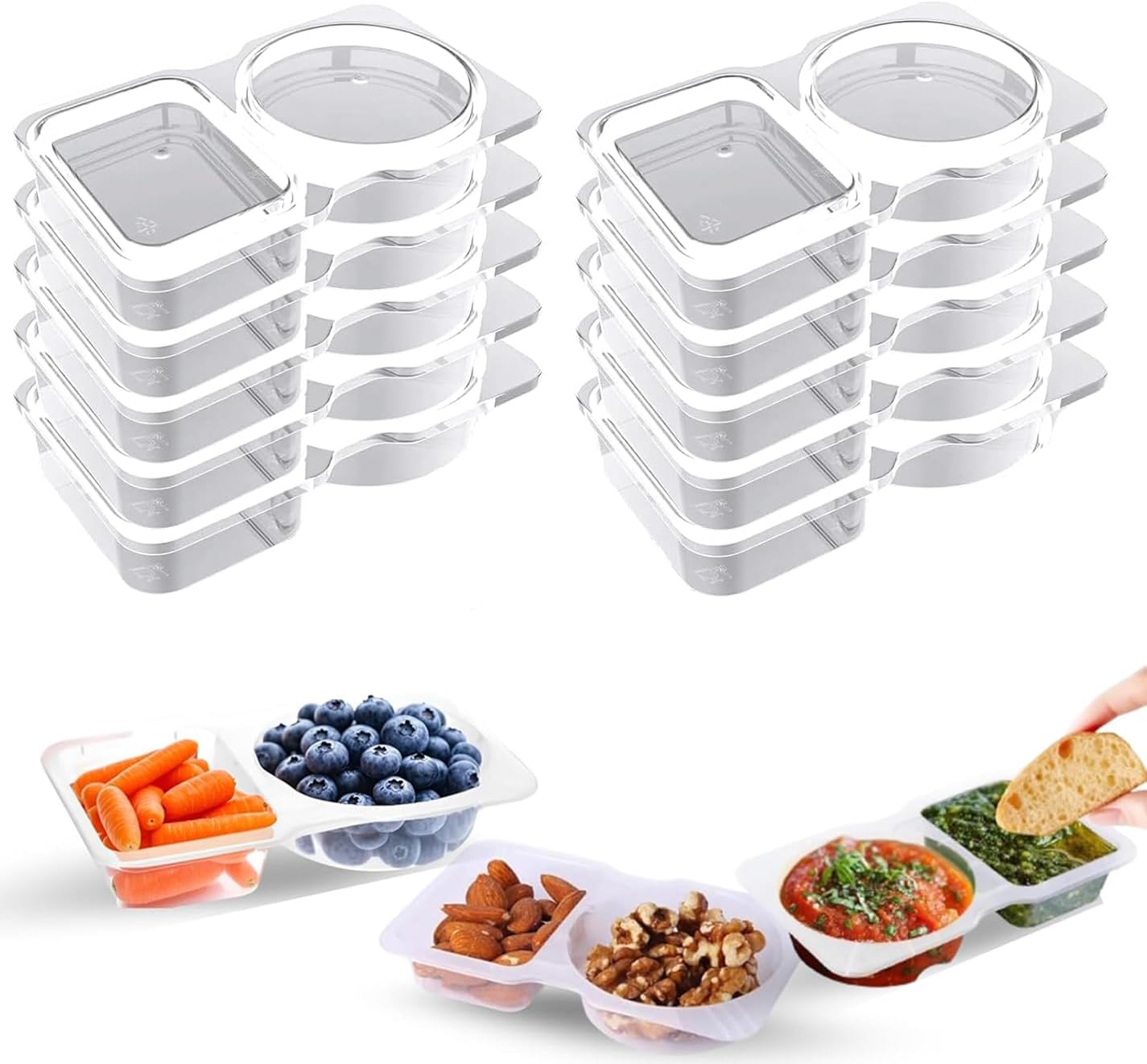 KHAOP Reusable Snack Pack Containers - Double Compartment Snack Containers, Portable Thickened and Reusable Snacks Packs, 2 Compartment Hinged Lid Clear Plastic Portion Cups (10pack)