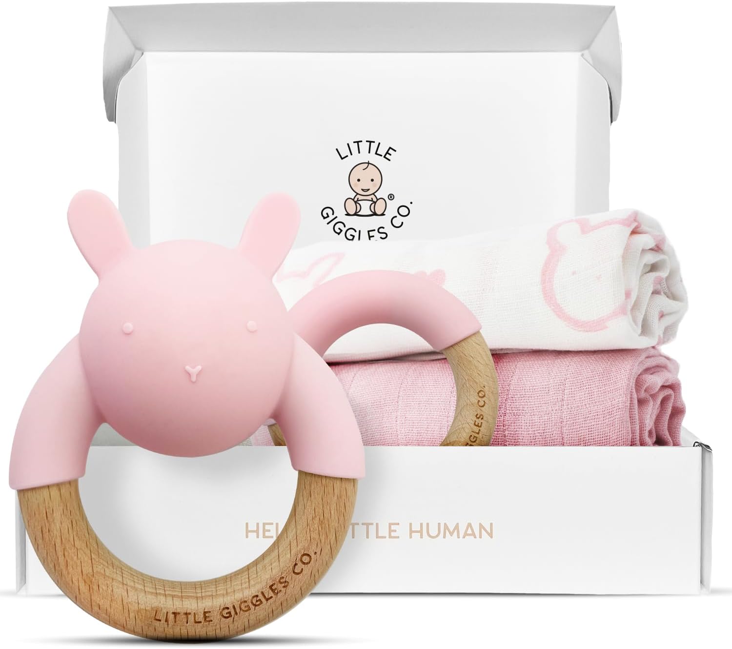 Little Giggles Co.® Baby Gift - Teething Toys & Large Muslin Cloths Gift Set. Sensory Play Rattle, Soothing Teether Ring, Soft Cotton Baby Muslins. Baby Essentials for Newborn Girl & Baby Shower Gifts