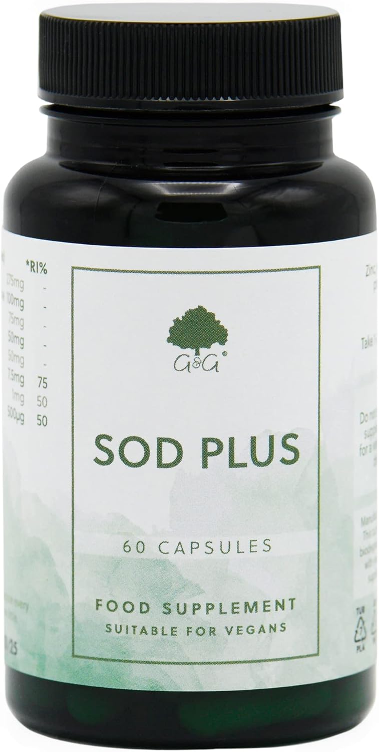 SOD Plus (Superoxide Dismutase) Capsules 275mg - Antioxidant Blend with NAC, L-glutathione, Zinc, Manganese and Copper - 60 Vegan Capsules - Non GMO, Made in The UK by G&G Vitamins