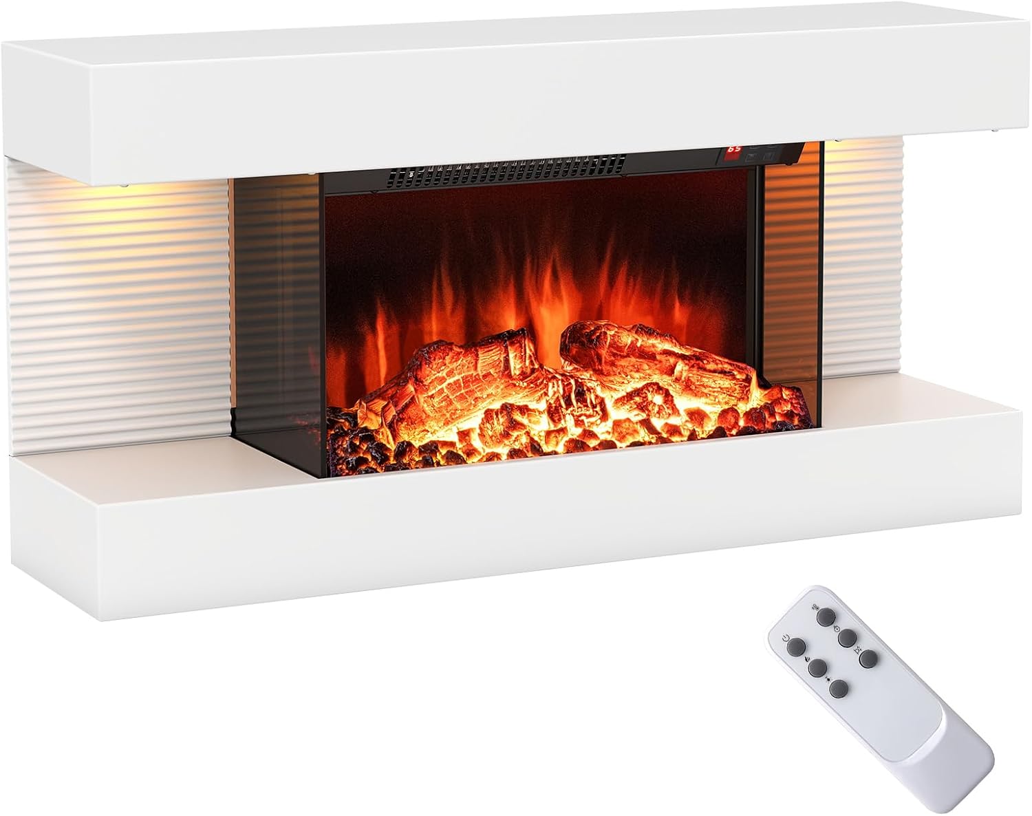 SIMOE 32-inch Wide 3-Sided Glass Electric Fireplace with Floating Mantel, 12-Color Dimmable Flame/Ambient Light & 8H Timer, 18-Inch Wall-Mount Fireplace (750/1500W) Including Remote Control, White