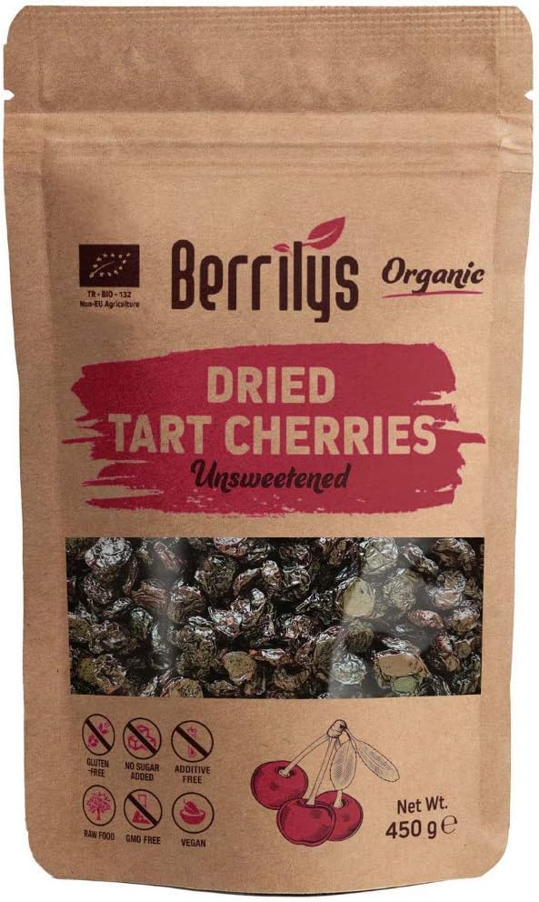 Berrilys Organic Dried Cherries, 454 gr, Sour, Tart, Pitted, Unsweetened, No Added Sugar, Dried Fruit without Pits, Non-GMO, Unsulfured, Vegan, Raw