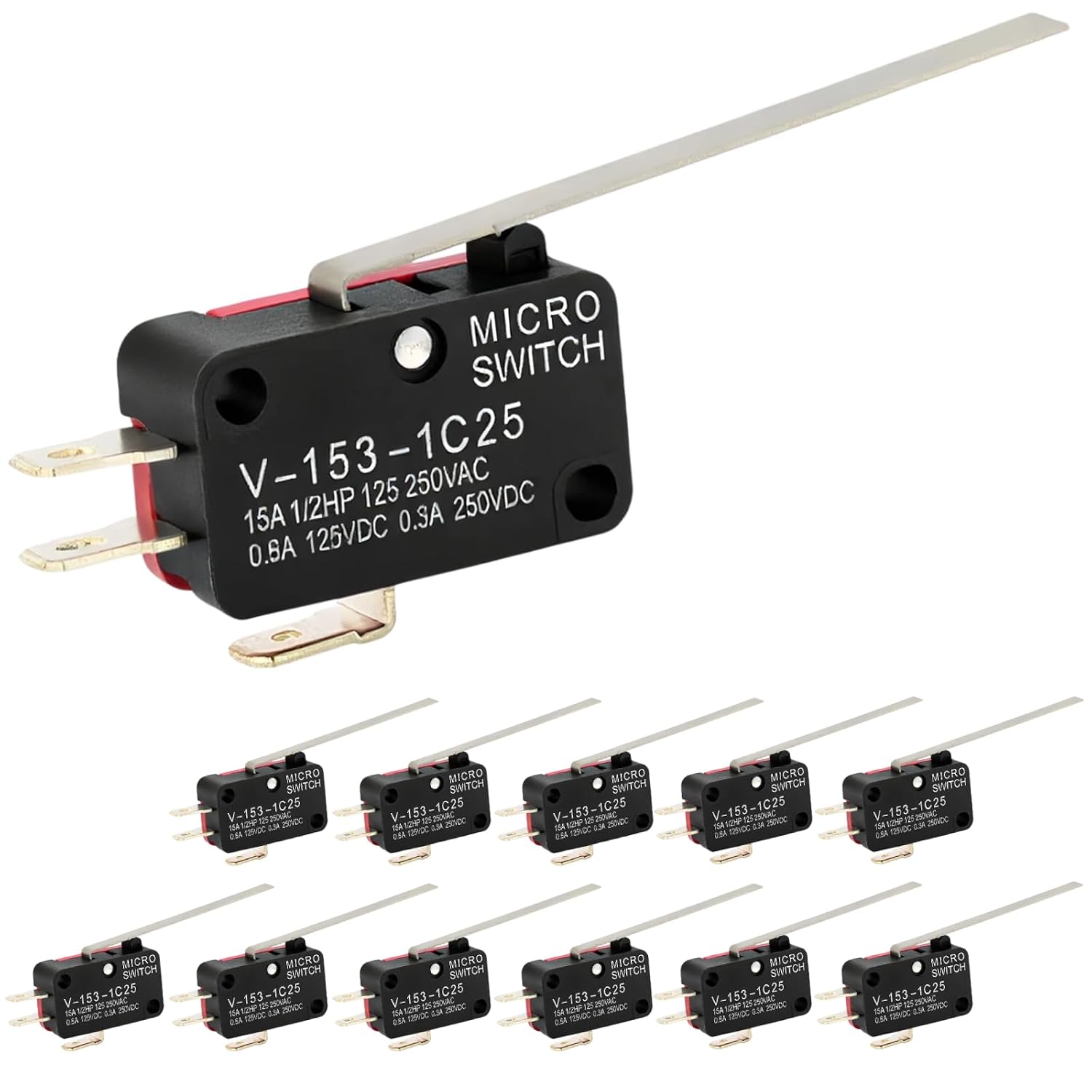 12 Pcs Micro Limit Switch with Long Hinge Lever SPDT 1NO 1NC Microswitch V-153-1C25