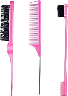 3 Pieces Hair Styling Comb Set Teasing Hair Brush Rat Tail Comb Edge Brush for Edge&Back Brushing, Combing, Slicking Hair for Women (Pink)