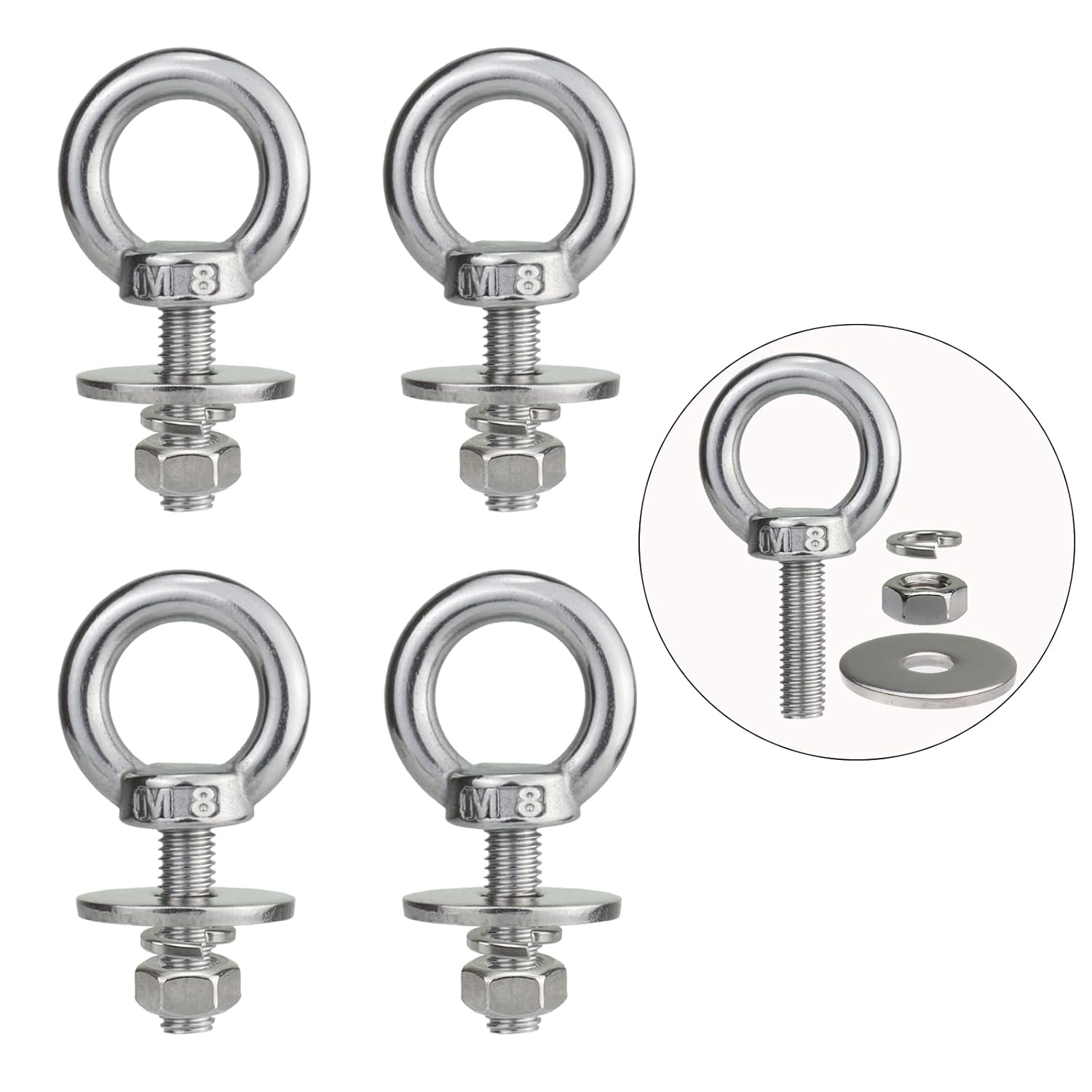 M8 Stainless Steel Eye Bolts with Nuts 4 Pack, 5/16" x 1" Lifting Ring Eye Bolt for Tire Swing Truck (Metric M6 - M10 x 1 2 4 inch Available), Threaded Shoulder Eyebolts Hang Tie Down Outdoor
