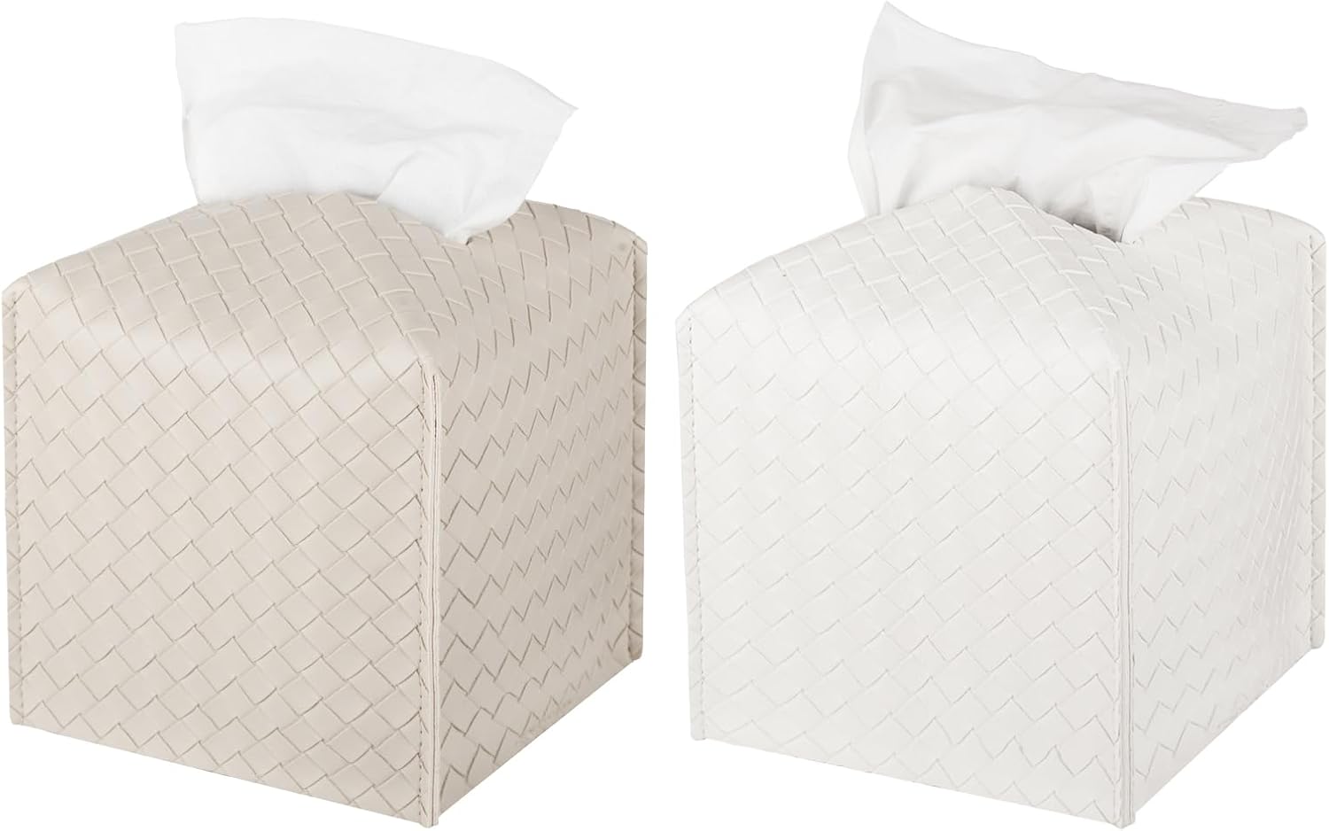 Tissue Box Cover PU Leather Tissue Holder Square Facial Tissue Case Facial Paper Organizer Dispenser for Bathroom, Vanity Countertop, Tabletop, Car, White + Griege