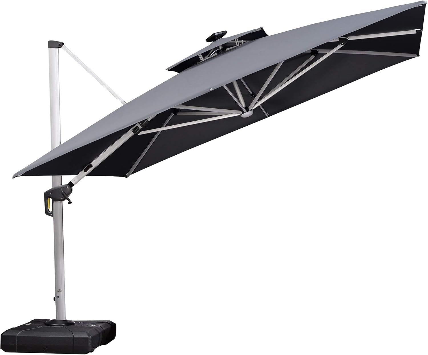 PURPLE LEAF 3.3 X 3.3 M Garden Cantilever Parasol with Led Solar Lights Bar, Large Square Overhanging Patio Umbrella with Crank Handle and Tilt for Balcony and Outdoor, Gray