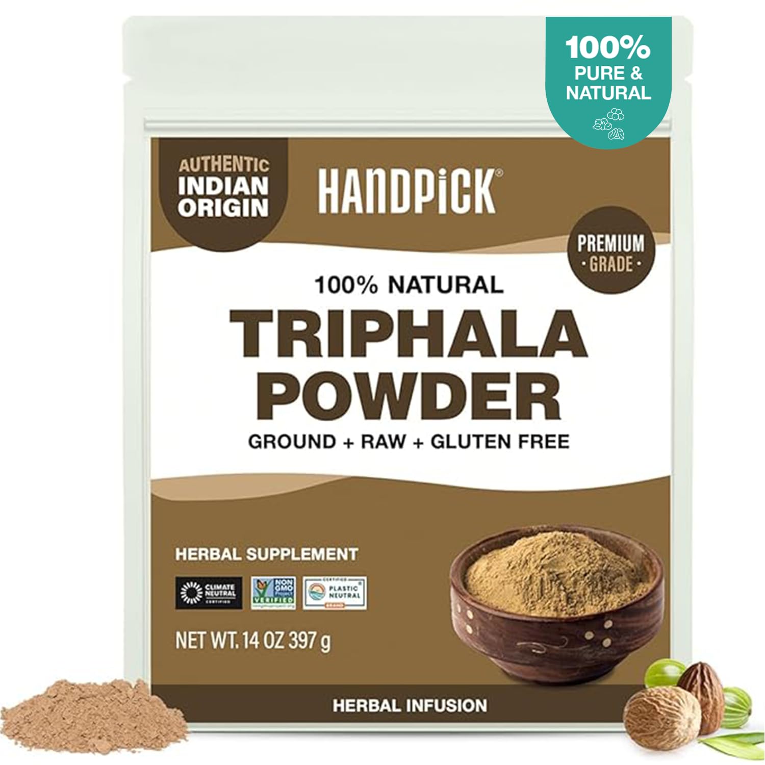 Triphala Powder (397g/14oz) Non GMO, Gluten Free, 100% Raw, Sourced from India, Herbal Formula of Amla, Haritaki, Bibhitaki, Packed in Resealable Zip Lock Pouch