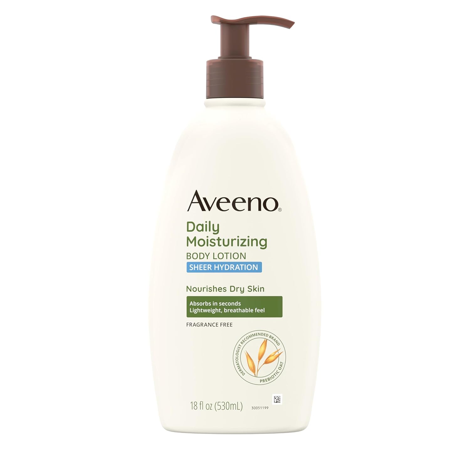 Aveeno Sheer Hydration Daily Moisturizing Fragrance-Free Lotion with Nourishing Prebiotic Oat, Fast-Absorbing Body Moisturizer for Dry Skin with Lightweight, Breathable Feel, 18 fl. oz
