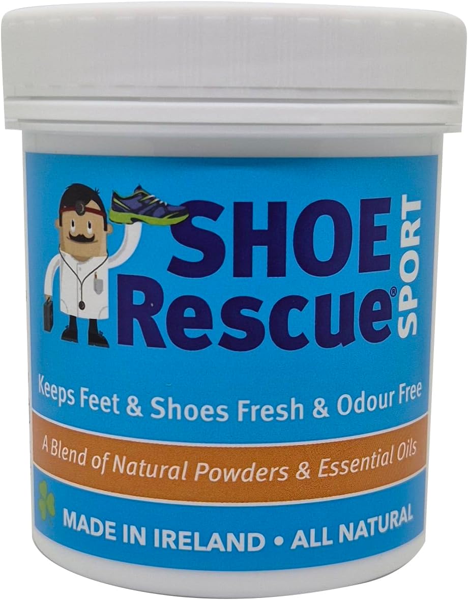 Foot and shoe powder 100g - Odour remover and eliminator - Developed by a registered podiatrist Shoe Rescue is a 100% natural deodorant remedy to eliminate smelly shoes and feet - Keeps feet fresh