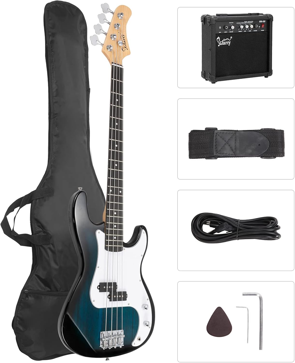 GLARRY Full Size Electric Bass Guitar Beginner Kit 4 String Exquisite Basswood Bass with 20W AMP, Cable, Strap, Bag and Accessories (Dark Blue, 39"Right Handed)