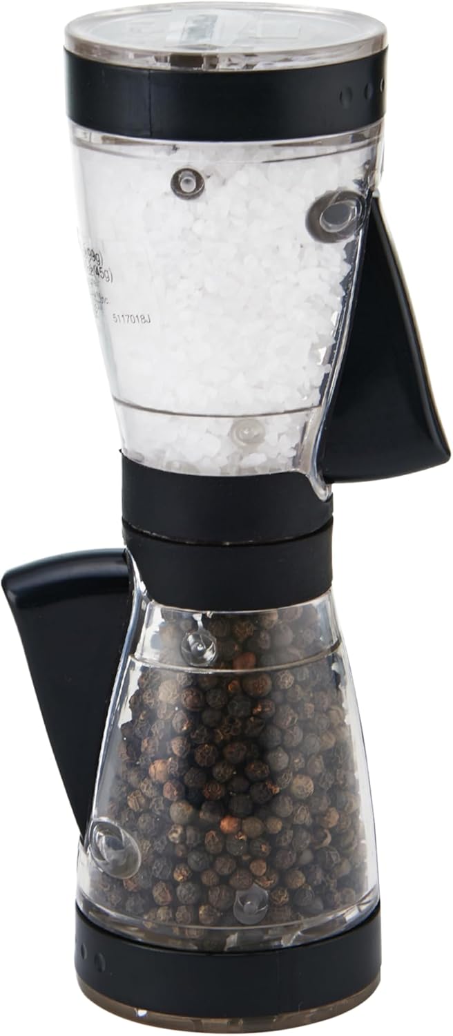 Kamenstein 5117018 One-Handed 2-in-a-1 Dual Salt and Pepper Grinder-Adjustable and Refillable, Plastic, Black