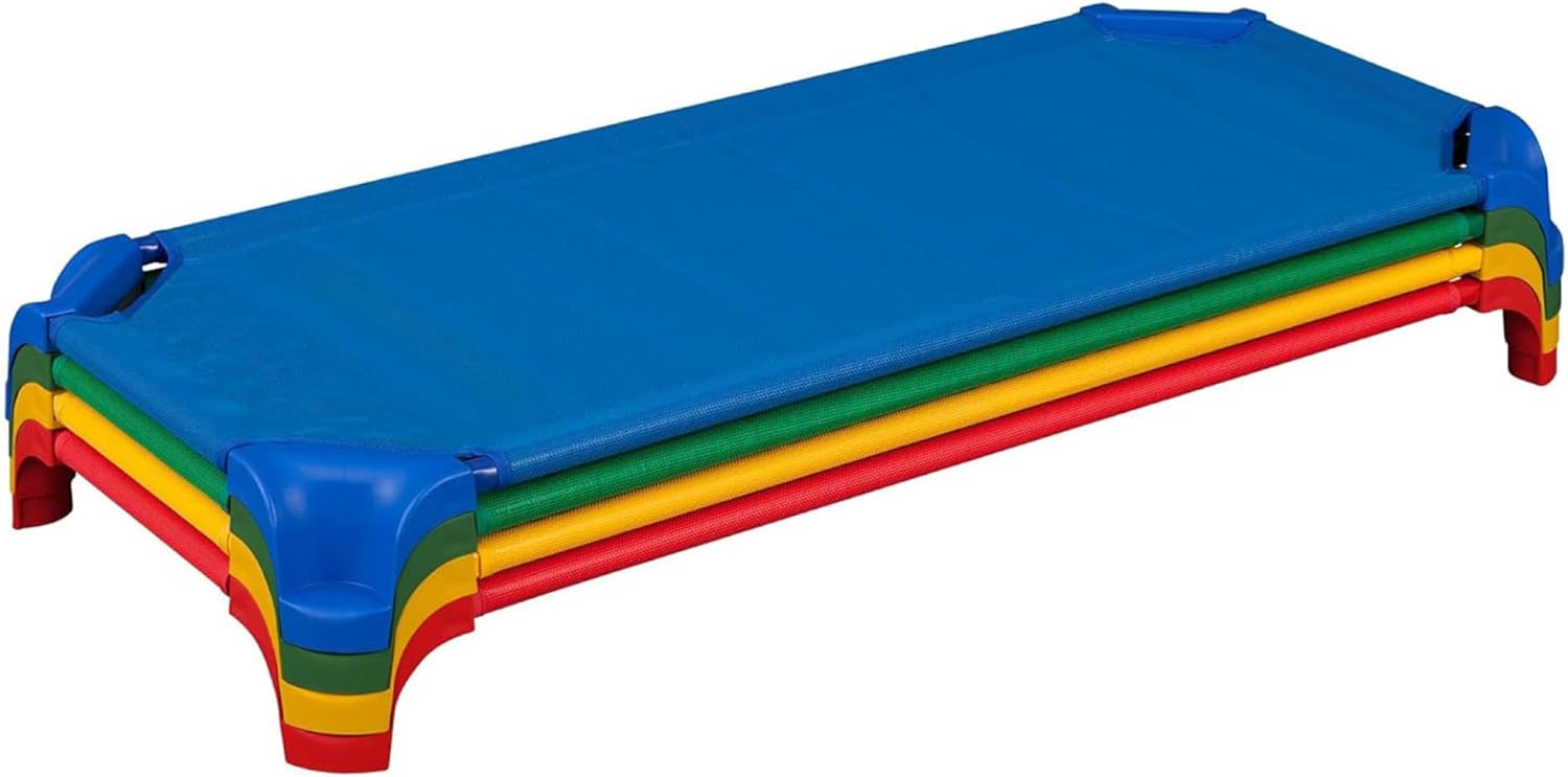 Sprogs Heavy-Duty Stackable Standard Size 52"L Daycare Cots for Kids and Toddlers, Stacking Preschool Classroom Kids Cots for Sleeping, Resting, Naptime, Pack of 4, Assorted Color
