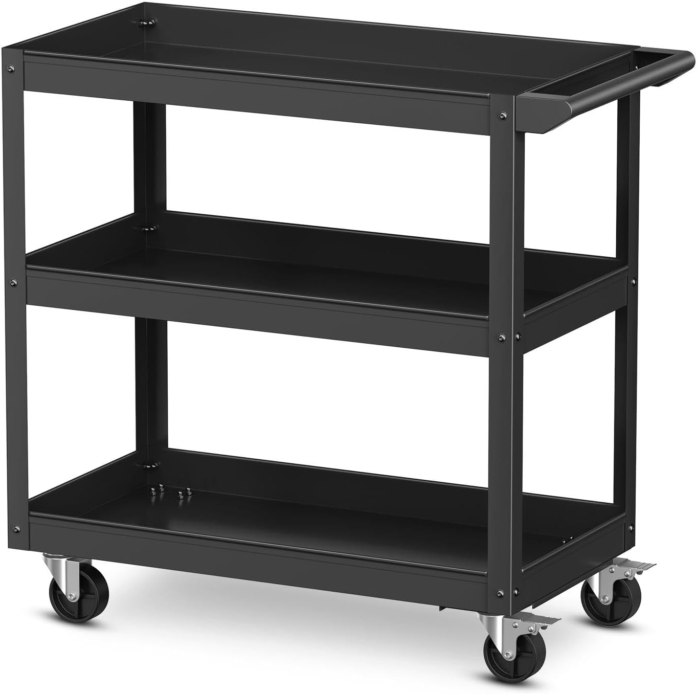 TANGZON 2/3-Tier Rolling Tool Cart, Utility Service Cart with Towel Rack Handle & Wheels, Heavy-duty Steel Mobile Tool Storage Garage Trolley Shelves (Black, 3 Tier, 79x38x76cm)