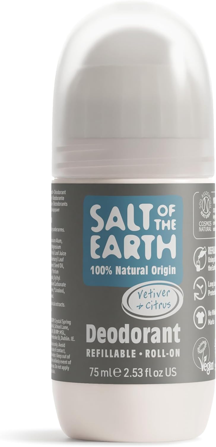 Salt of the Earth - Refillable Roll On Deodorant, 100% Natural Ingredients - Vetiver & Citrus - Suitable for Men, Women & Kids - Vegan - Smart Refillable Format - 75ml