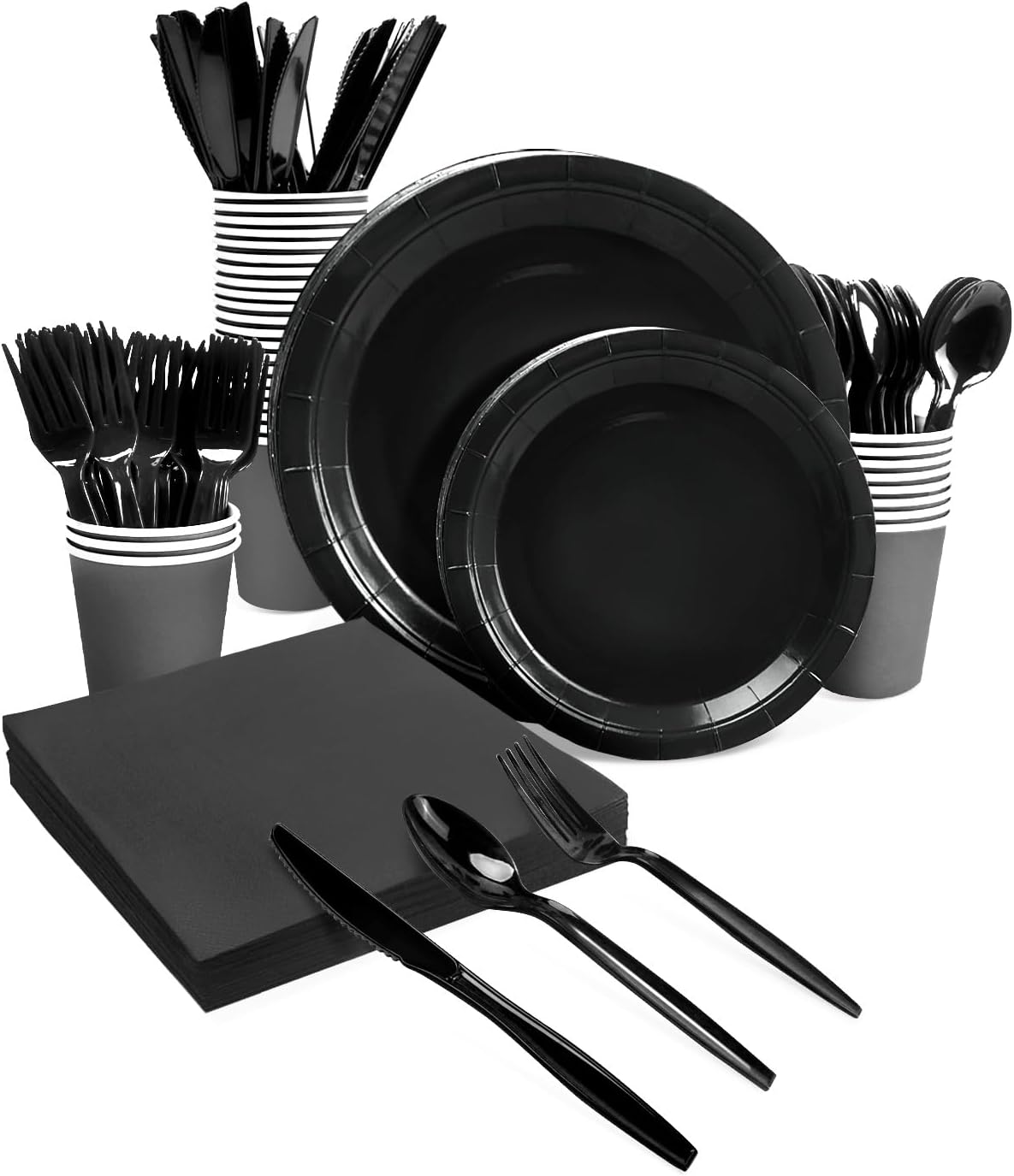 Lzerking Black Party Supplies Set 224 Pieces of Black Paper Plates, Cups, Napkins, and Heavy Duty Plastic Spoons Forks Knives for 32 Guests for Birthday, Graduation, Wedding, Festivals