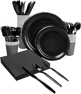 Lzerking Black Party Supplies Set 224 Pieces of Black Paper Plates, Cups, Napkins, and Heavy Duty Plastic Spoons Forks Knives for 32 Guests for Birthday, Graduation, Wedding, Festivals
